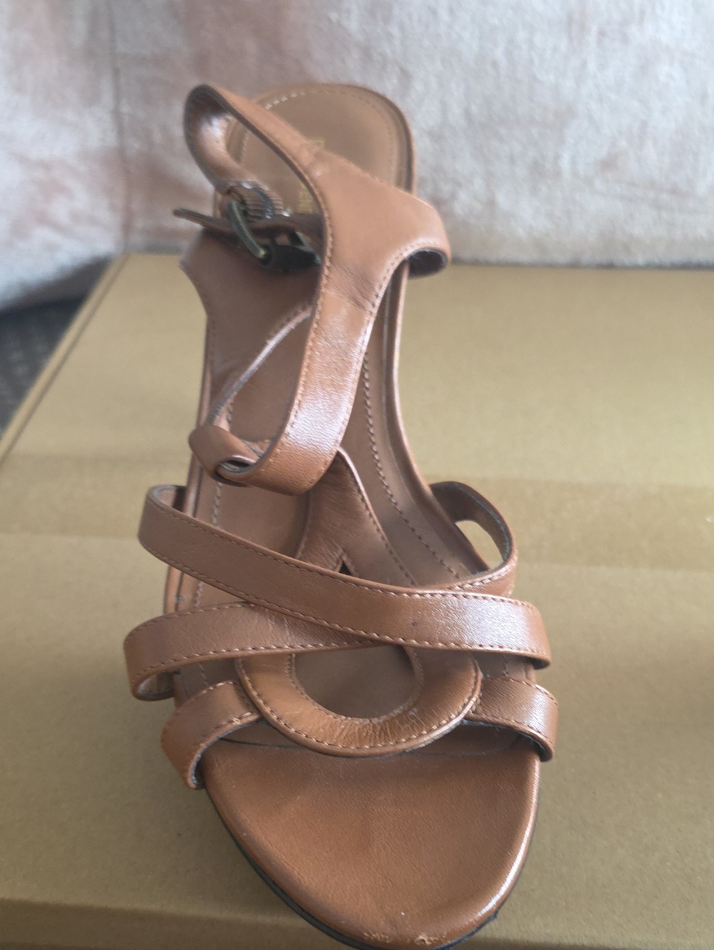 BCBGeneration Tan Leather Strappy Heeled Sandal with Ankle Buckle